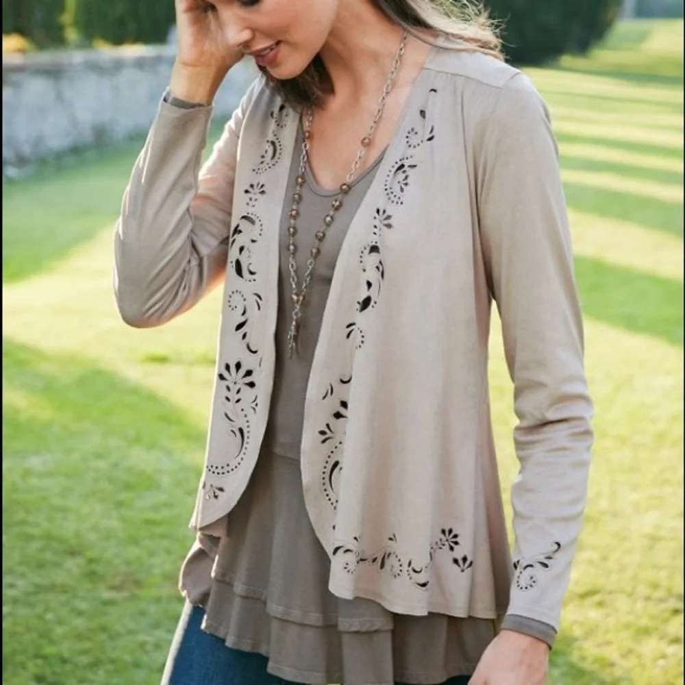 Soft Surroundings Florentine Faux Suede Laser Cut Floral Cardigan Tan M Boho